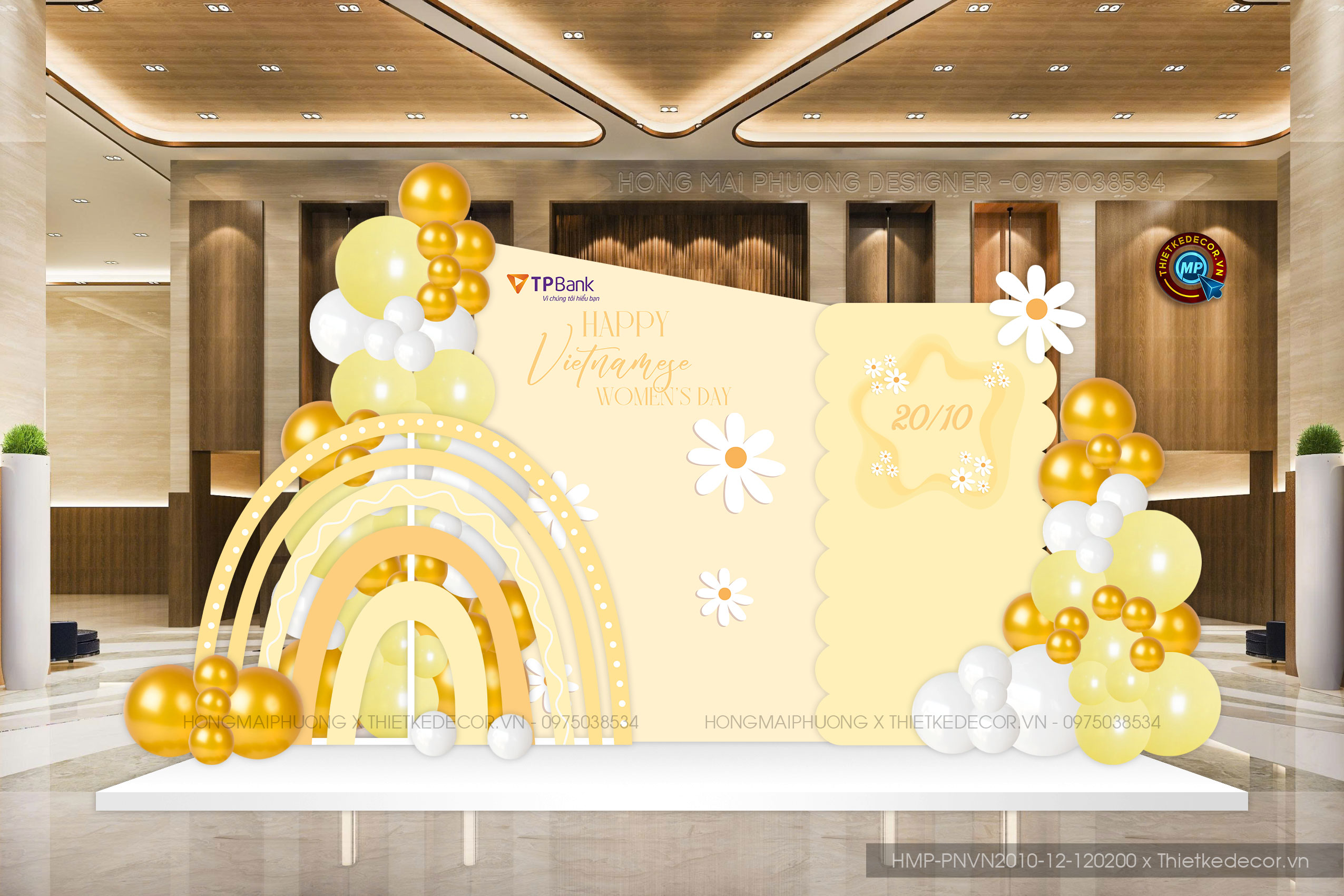 Backdrop Checkin ngày phụ nữ Việt Nam tone vàng lấy cảm hứng từ hoa cúc